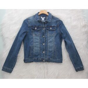 White Mark Womens Blue Jean Denim Jacket Size L Stretch Trucker Classic Cowboy